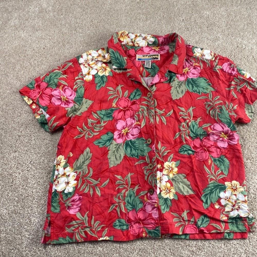 Sunset Cove Red Tropical Hibiscus Floral Rayon Button Down Shirt Womens PXL